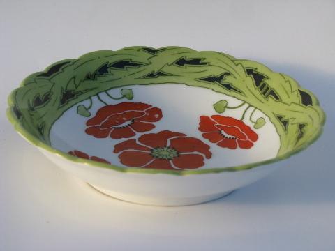 art deco red corn poppies vintage painted china fruit or sauce bowl
