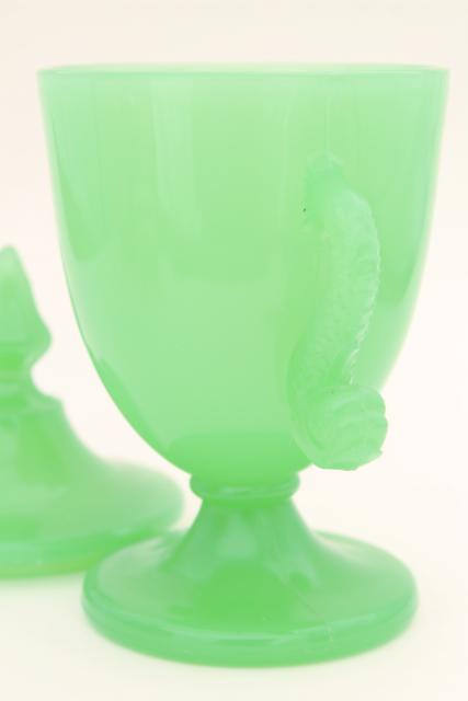 art deco vintage Fenton dolphin jar w/ lid, green opaline glass candy dish