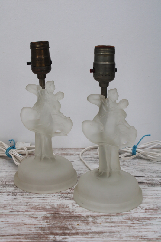 art deco vintage Houze glass boudoir lamps, dancing couple figures in frosted crystal