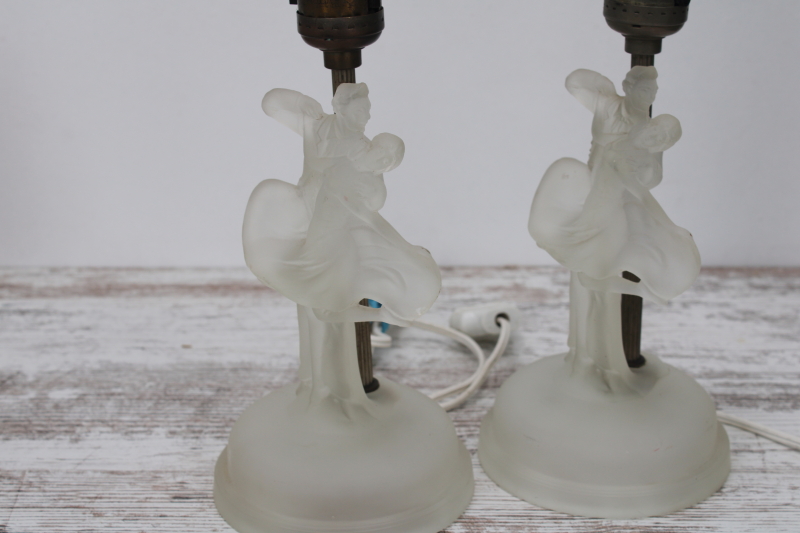 art deco vintage Houze glass boudoir lamps, dancing couple figures in frosted crystal