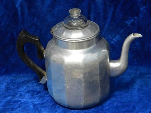 Vintage Aluminum Coffee Pot Glass Percolator Wooden Handle