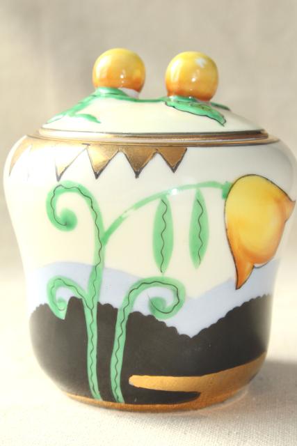 art deco vintage Noritake china jam pot, orange & black mod floral design 