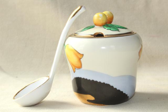 art deco vintage Noritake china jam pot, orange & black mod floral design 