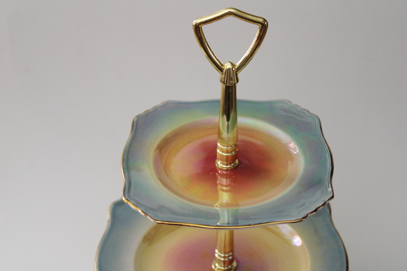 art deco vintage Royal Winton lusterware china tiered tray muffin stand, orange gold aqua luster