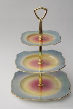 art deco vintage Royal Winton lusterware china tiered tray muffin stand, orange gold aqua luster