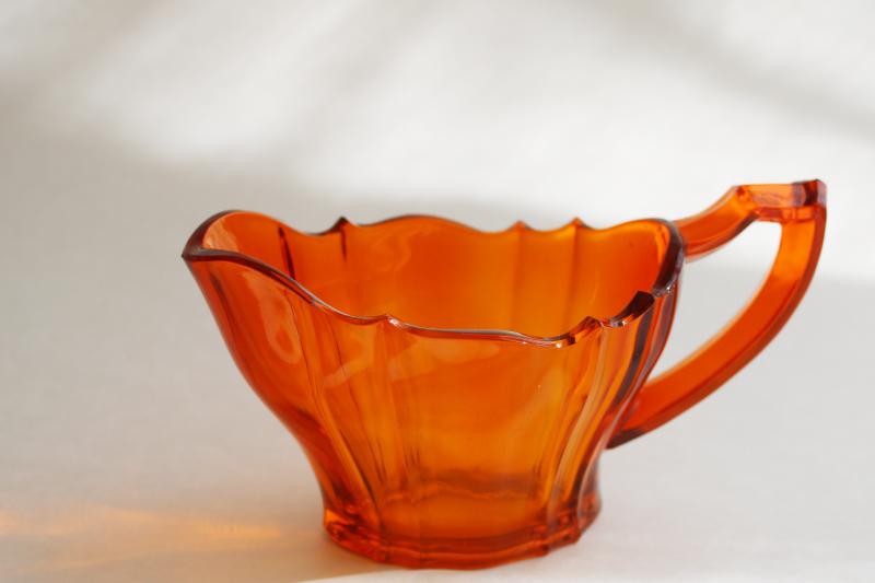 art deco vintage West Virginia glass, flame orange colored glass cream pitcher