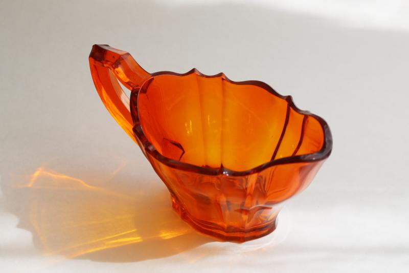 art deco vintage West Virginia glass, flame orange colored glass cream pitcher