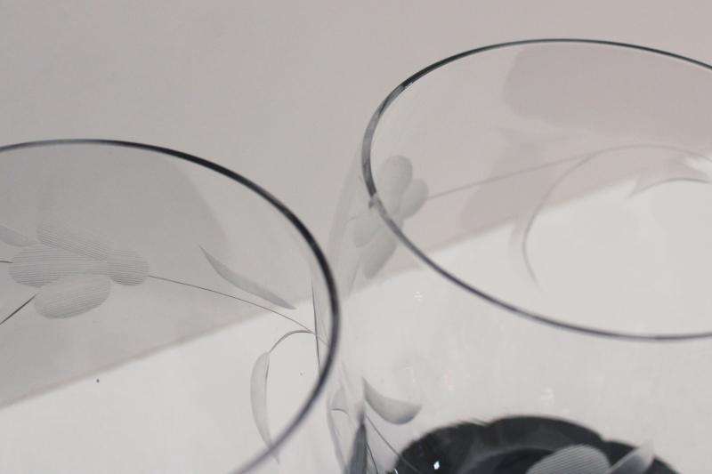 art deco vintage Weston lily pad footed glasses, ebony black glass w/ wheel cut crystal 