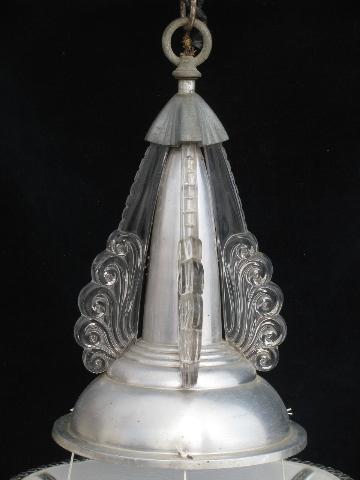 art deco vintage aluminum & glass pendant light, antique electric hanging lamp