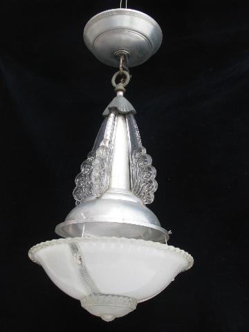 art deco vintage aluminum & glass pendant light, antique electric hanging lamp