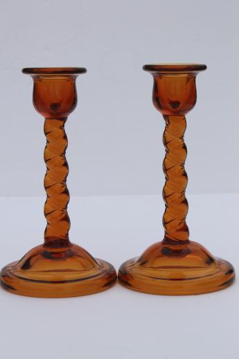 art deco vintage amber glass candle holders, tall barley twist candlesticks