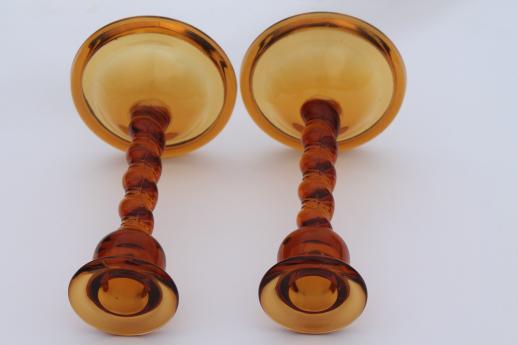 art deco vintage amber glass candle holders, tall barley twist candlesticks