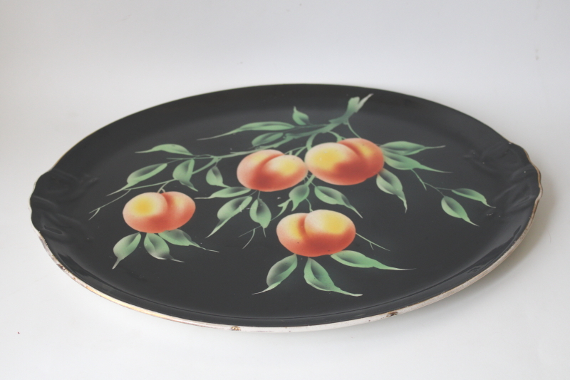 art deco vintage china tray, chinoiserie peaches on black lacquer John Steventon England