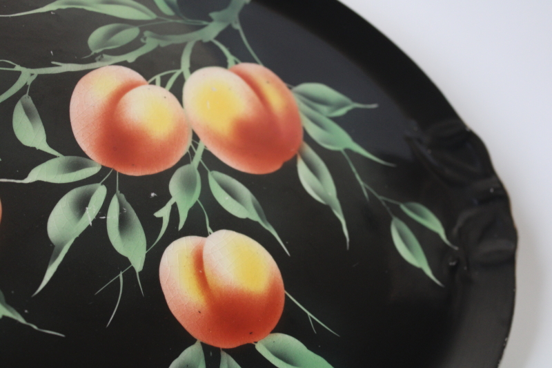 art deco vintage china tray, chinoiserie peaches on black lacquer John Steventon England