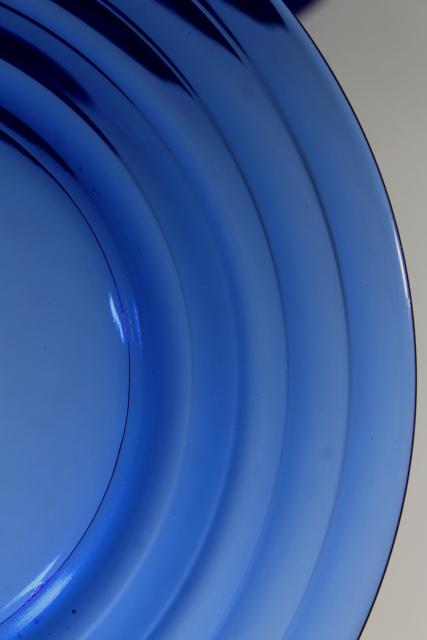 art deco vintage cobalt blue glass salad plates, Moderntone Hazel Atlas depression glass
