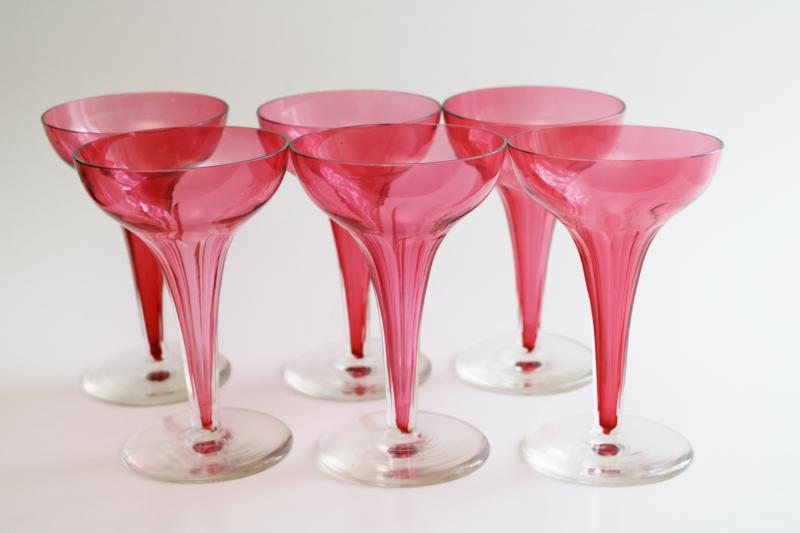 art deco vintage cocktail or champagne glasses, hollow stem ruby / crystal hand blown stemware