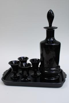 art deco vintage ebony black glass decanter bottle, tiny goblet sherry glasses w/ tray