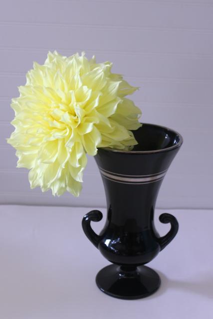 art deco vintage ebony black glass trophy vase, double handled urn w/ silver