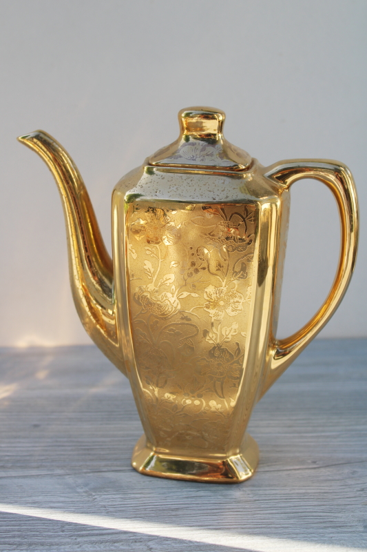 art deco vintage encrusted gold chintz poppy floral china coffee pot, cream sugar set