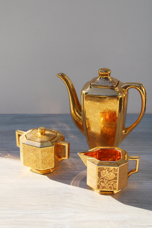 art deco vintage encrusted gold chintz poppy floral china coffee pot, cream sugar set