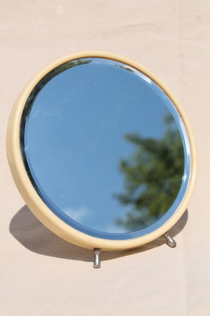 art deco vintage french ivory celluloid mirror, small round vanity mirror w/ easel stand