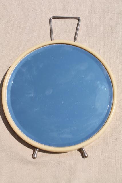 art deco vintage french ivory celluloid mirror, small round vanity mirror w/ easel stand
