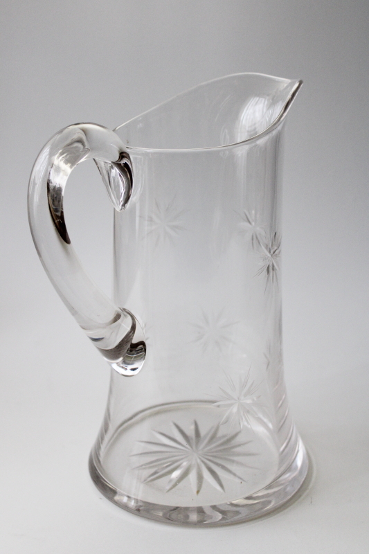 art deco vintage glass cocktail pitcher, eight pointed star cut etched glass