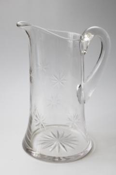 art deco vintage glass cocktail pitcher, eight pointed star cut etched glass