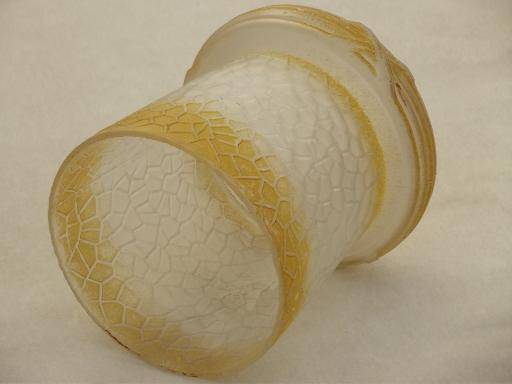 art deco vintage glass light shade, crackle pattern glass w/ yellow airbrush 