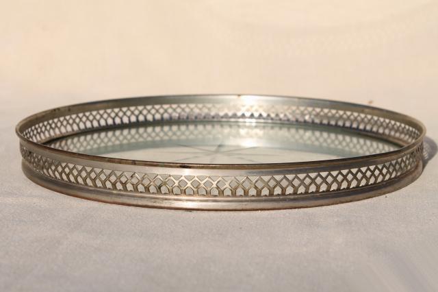 art deco vintage glass tray or tea kettle trivet w/ nickel silver round frame
