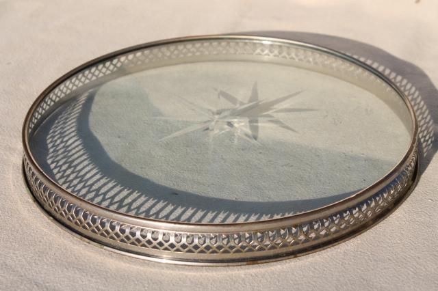 art deco vintage glass tray or tea kettle trivet w/ nickel silver round frame