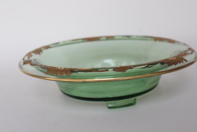 art deco vintage gold decorated green glass console bowl, Gatsby era table centerpiece
