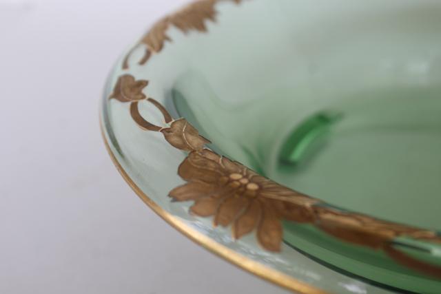 art deco vintage gold decorated green glass console bowl, Gatsby era table centerpiece