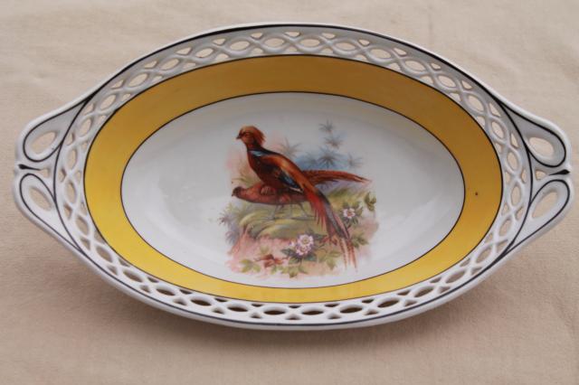 art deco vintage golden pheasant dish, Bavaria china bowl w/ reticulated border