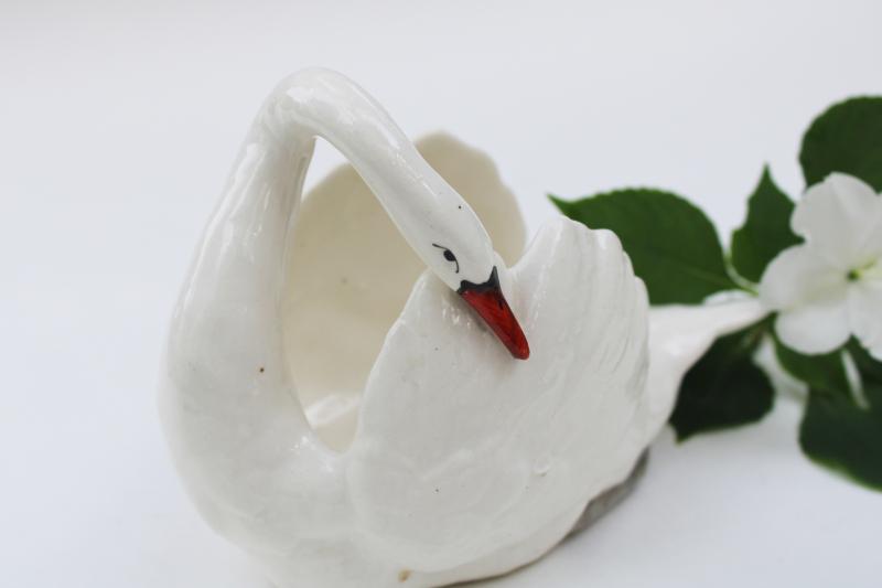 art deco vintage graceful white swan ceramic planter, Czech china w/ old round mark