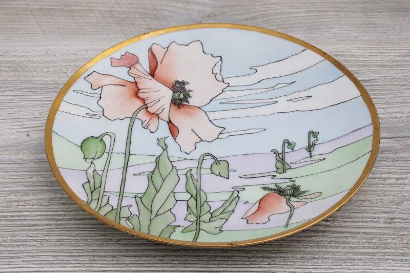 art deco vintage hand painted china plate, poppies floral dated 1916 Titanic mark Austria