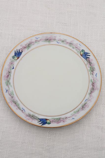 art deco vintage hand painted porcelain plates w/ blue birds, antique bluebird china