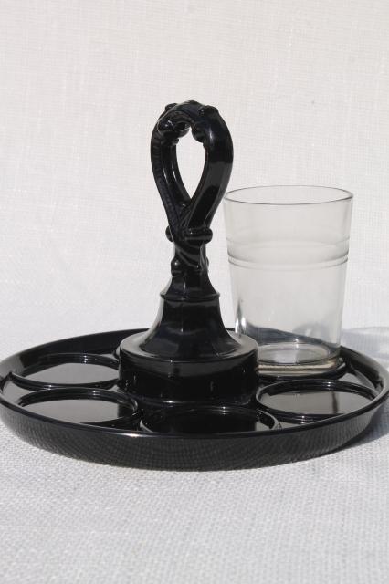 art deco vintage jet black milk glass drink tray w/ center handle for tumblers or bottles