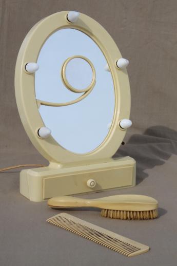 art deco vintage lighted vanity mirror, french ivory celluloid stand w/ mirror & lights