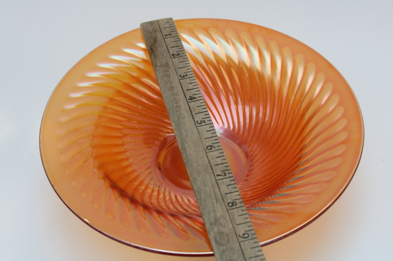 art deco vintage marigold orange luster glass console bowl, fluted swirl rays Imperial glass