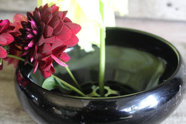 art deco vintage rose bowl w/ flower holder frog, black depression glass vase
