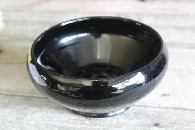 art deco vintage rose bowl w/ flower holder frog, black depression glass vase