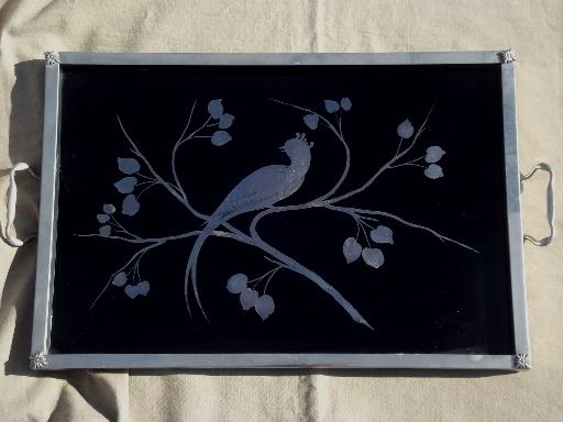 art deco vintage serving tray, black mirror glass w/ painted silver bird