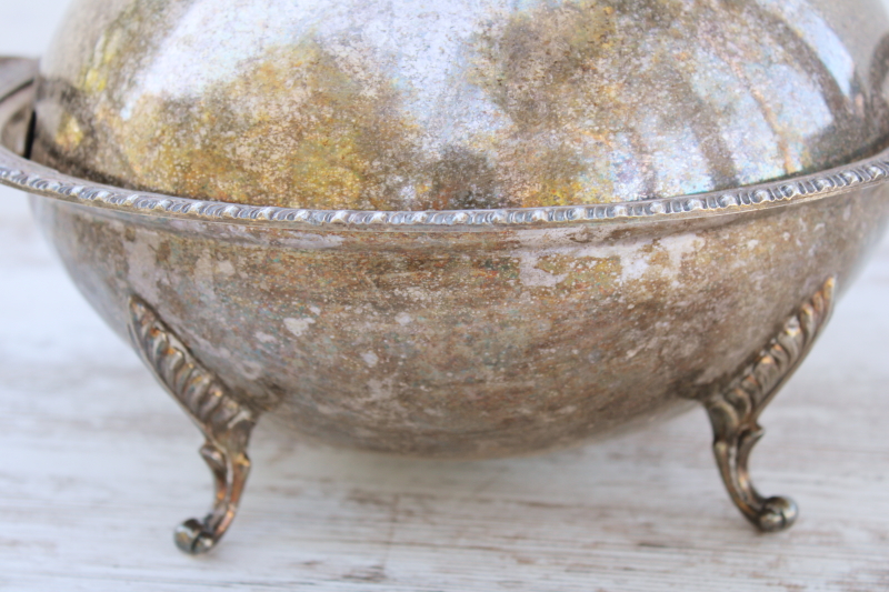 art deco vintage silver plate serving dish stand w/ round dome cover, ball shape bowl w/ ornate feet