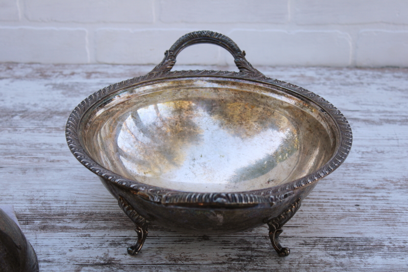 art deco vintage silver plate serving dish stand w/ round dome cover, ball shape bowl w/ ornate feet