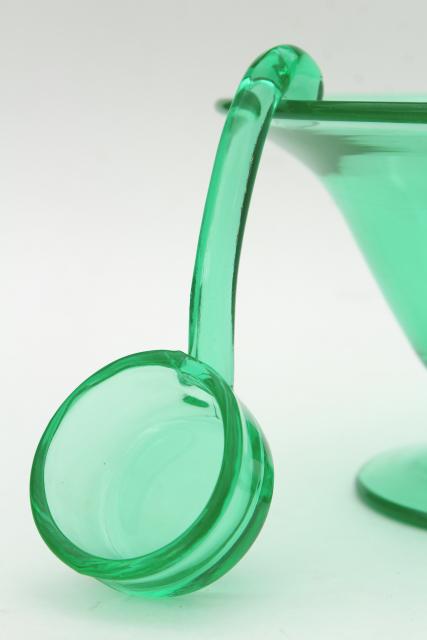 art deco vintage uranium green glass mayonnaise bowl & sauce ladle, 1930s depression glass