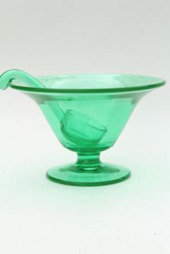 art deco vintage uranium green glass mayonnaise bowl & sauce ladle, 1930s depression glass