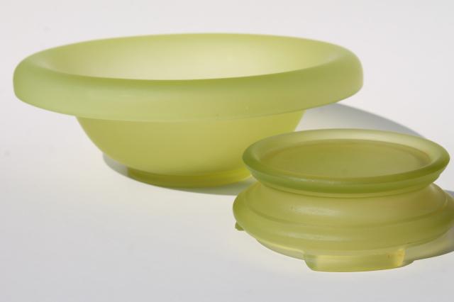 art deco vintage yellow green vaseline glass bowl and stand, frosted finish satin glass