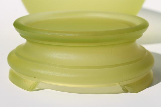 art deco vintage yellow green vaseline glass bowl and stand, frosted finish satin glass