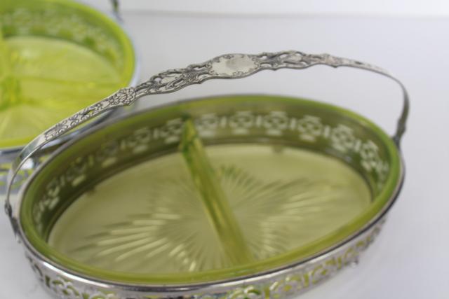 art deco vintage yellow vaseline glass basket relish dishes, ornate metal frames & handles